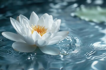 pristine white lotus flower floating on crystalclear water surface overhead view capturing perfect symmetry soft natural lighting enhancing delicate petals