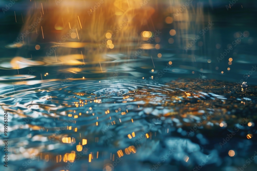 Poster a close-up view of a calm water surface with a sunny day background