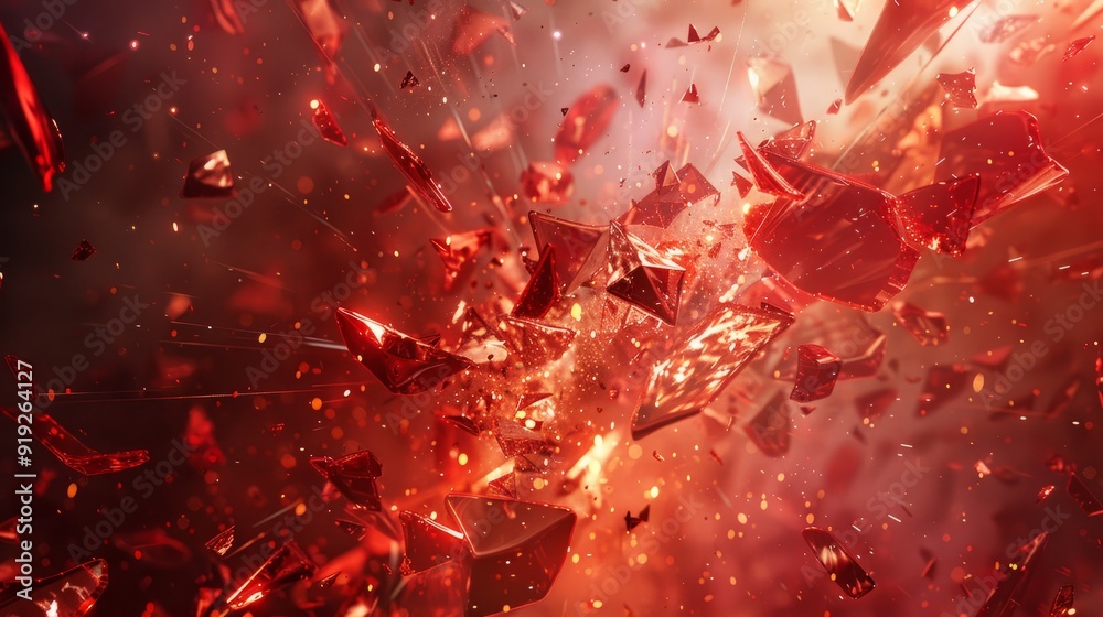 Poster Red crystal fragments exploding with vibrant energy in a dynamic abstract composition