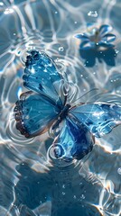 Digital blue butterfly on the surface of crystal transparent water fantasy scene abstract graphic poster background