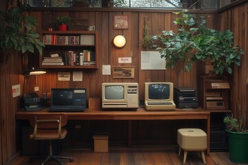 retro 1980s office interior with vintage computers wood paneling and lush potted plants no people