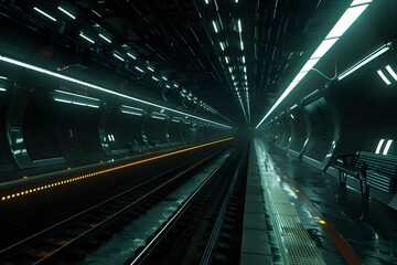 Obraz premium Futuristic Train Station Platform with Neon Lights and Tracks