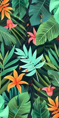 Tropical Leaves and Flowers Seamless Pattern