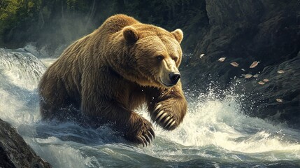 Fototapeta premium Hyperrealistic Bear Fishing in Rushing River: Stunning AI Art