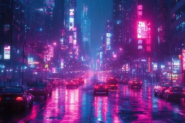 Fototapeta premium retrofuturistic cityscape blending pixel art and vaporwave aesthetics neonlit streets lowpoly architecture nostalgic gaming elements