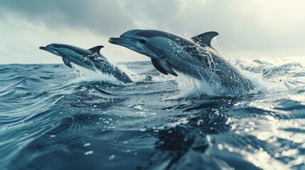 Fototapeta premium A pair of grey dolphins leaping out of a body of water.
