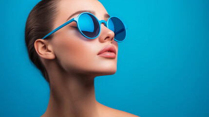 Fototapeta premium Side profile person with blue sunglasses on blue background