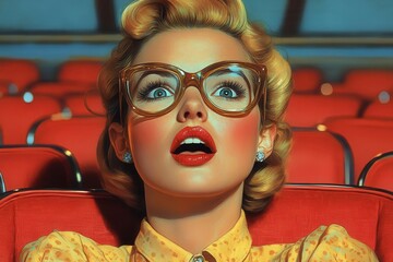 retrostyle collage of an animated woman in vintage attire expressing excitement while watching a film in a classic redseated cinema