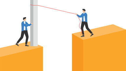 men in business suits on the edge of the abyss and a red column of the chart as a bridge

