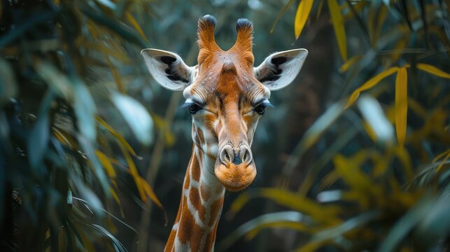 A close up of a giraffe standing amidst bamboo.