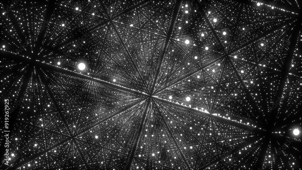 Poster Futuristic backdrop. Network connection structure cyberspace with moving particles in the galaxy. Big data visualization. Abstract cyber security background. 3D rendering.