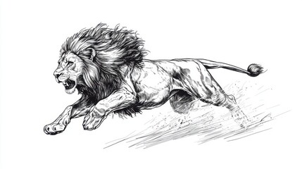 Black and white Vintage engraved art of a lion sprinting sideways, isolated on white background, ink sketch illustration, simple vector art design, highly detailed line art, high contrasty 