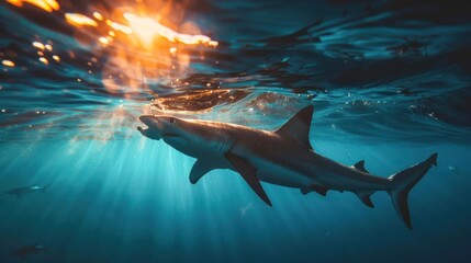 A close-up photo of a great white shark underwater, swimming near the ocean floor.