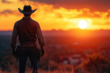 rugged cowboy silhouette dusty frontier town backdrop dramatic sunset weathered leather attire classic western ambiance