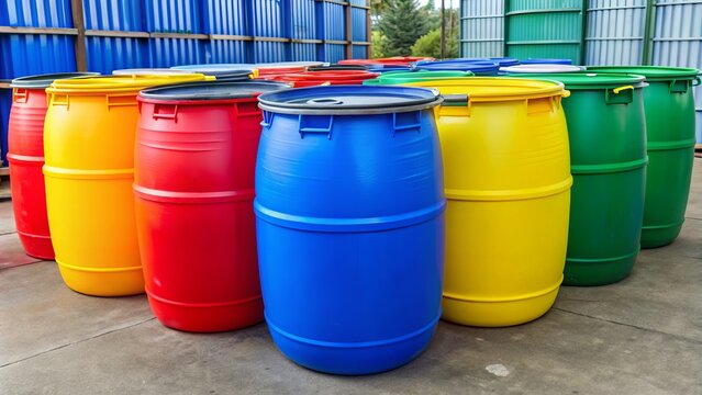 A brightly colored, heavy-duty plastic barrel drum with a tight-fitting lid, commonly used for industrial storage and transportation of liquids and chemicals.