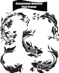 Naklejka premium Consistent Oriental Fish Frame Flat Black Silhouette Vector Art Bundle