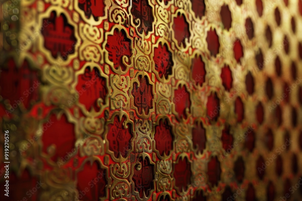 Poster a detailed view of a red and gold curtain, ideal for use in design or photography projects
