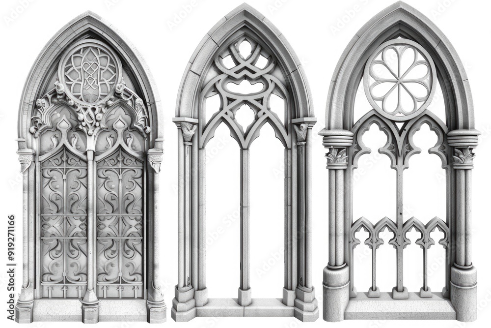 Poster a detailed illustration of a gothic-style window with intricate stone carvings and pointed arches