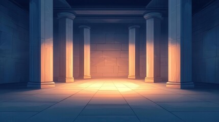 Fototapeta premium Mysterious ancient hall with pillars and light illuminating the center.