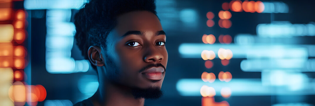 African American network developer building machine learning software for autonomous virtual entity in tech industry