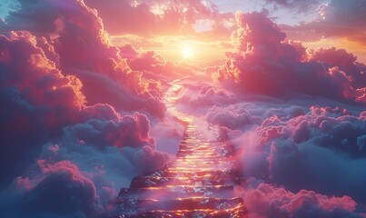 Obraz premium a staircase extending into the sky with clouds above,a bright light from sunset.