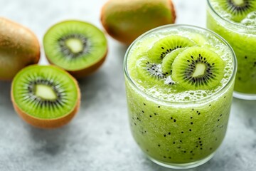 Two glasses of fresh kiwi smoothie surrounded by whole and sliced kiwis on a marble surface, ideal for a healthy and refreshing drink.