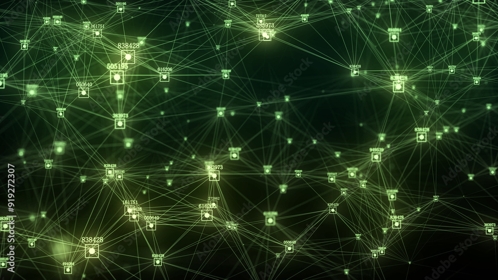 Poster Futuristic backdrop. Network connection structure cyberspace with moving particles and numbers. Big data visualization. Abstract cyber security background in database. 3D rendering.