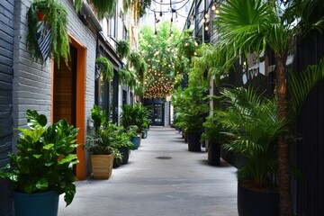 An urban alley is transformed with recycled art and lush greenery, symbolizing the power of restoration and environmental recycling efforts.