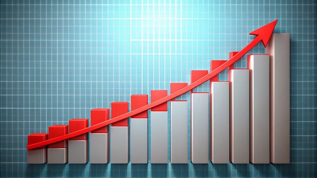 A digital graph shows a sharp upward trend, with a growing number of subscribers indicated by rising bars and a bright red arrow pointing up.