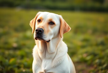 Adorable Labrador puppy sitting on lush green grass