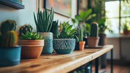 Succulents and Cactus Arranged on a Wooden Tabletop