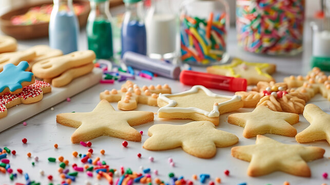 a cookie decorating kit, including sugar cookies in various shapes, colorful icing tubes, and a variety of sprinkles, all set on a bright and festive kitchen counter