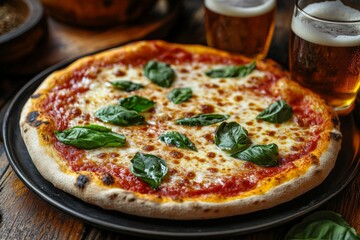 A classic Margherita pizza topped with fresh basil leaves, accompanied by glasses of beer, capturing the essence of a perfect meal.