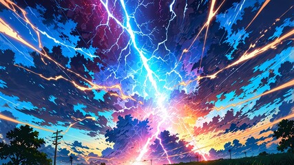 Obraz premium A Vibrant Display of Power and Beauty of Dazzling Lightning Bolt and Intricate Anime Background