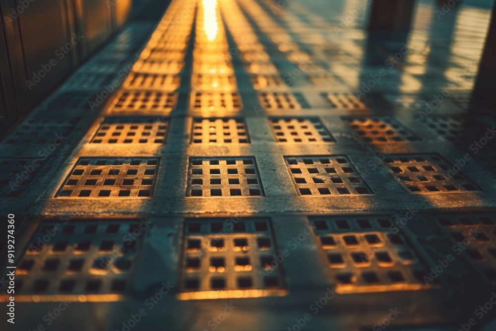 Poster close-up shot of a metal grate floor with detailed texture and patterns