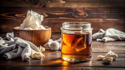 A fragile glass container filled with warm liquids and surrounded by tissues, highlighting the unwelcome companionship of a lingering cold or flu season.