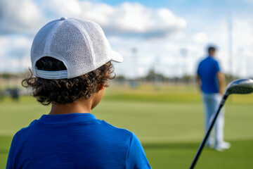 Naklejka premium Child Watching Golfer on Green Under Blue Sky