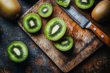 A beautifully arranged display of fresh kiwi fruit, both whole and halved, placed on a rustic wooden cutting board with a chef's knife.