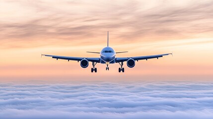Obraz premium An airplane flies high above soft pinkish orange clouds during evening, showcasing its engines against the backdrop of a beautiful sky.