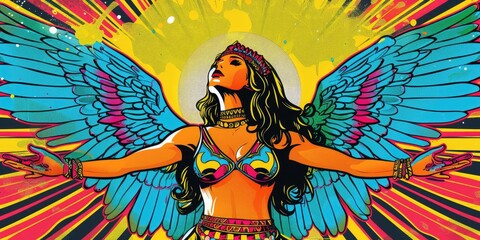 A woman with wings against a colorful backdrop.
