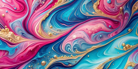Obraz premium Vibrant pink and blue marble liquid swirls with metallic gold splashes, creating a luxurious, dreamy background perfect for high-end designs and premium visuals.