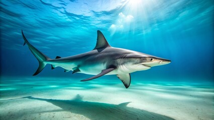 Fototapeta premium A majestic scalloped hammerhead shark swims through turquoise waters, its distinctive head shape and fins slicing through the surface with powerful, effortless grace.