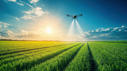 Obraz premium Drone for agriculture flies over green grass and spraying water on the field