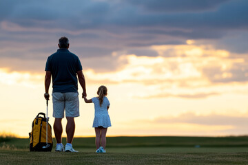 Father and Daughter Holding Hands at Sunset on Golf Course