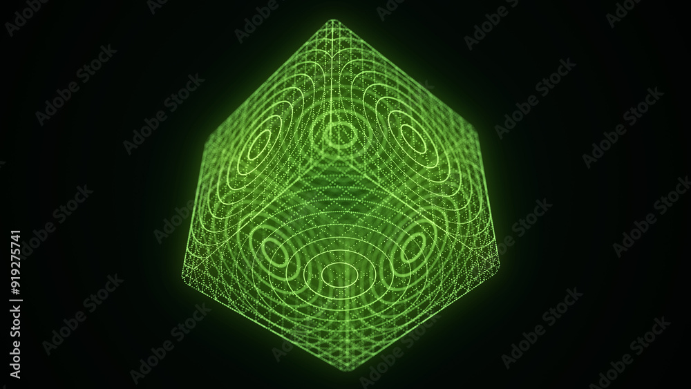 Poster Space futuristic cube. Network connection structure cyberspace with moving particles and lines. Blockchain cube. Big data visualization. Abstract cyber security background. 3D rendering.
