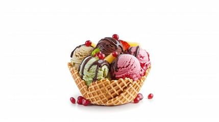 scoops fruit ice cream with chocolate glaze and colorful toppings in waffle cone bowl