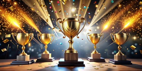 Golden trophies and certificates on podium surrounded by balloons and confetti, spotlight shining on the awards, celebrating excellence and employee achievements in a corporate setting.