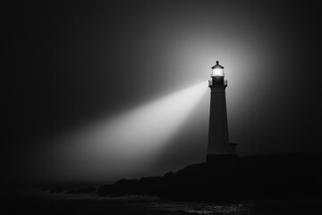 A white lighthouse beam cutting through a dark, foggy night.  © grey