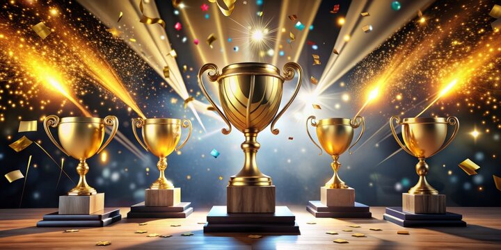 Golden trophies and certificates on podium surrounded by balloons and confetti, spotlight shining on the awards, celebrating excellence and employee achievements in a corporate setting.