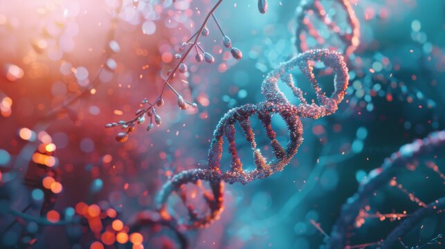 Abstract representation of genetic engineering with DNA strands and molecular models, highlighting innovations in genetic research and therapy.